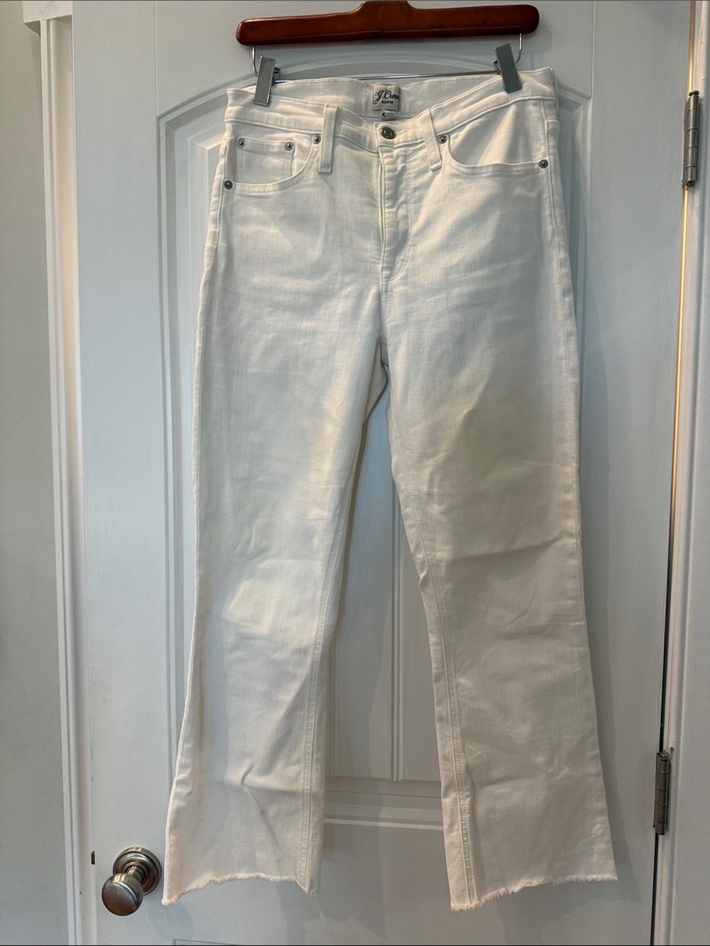 J Crew Billie Boot Cropped White Women's Straight Jeans Raw Hem Size 29